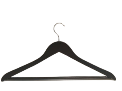 Svart trägalge med stång och kromad krok.